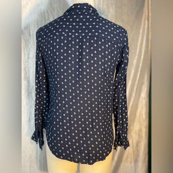 Midnight Sky rayon button down collared blouse- navy with white ship anchors - Picture 5 of 10